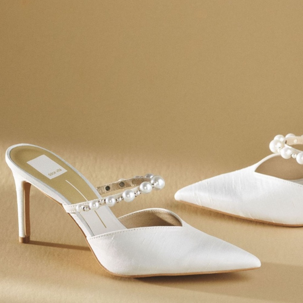 Elegant White Heeled Mules with Pearl Strap